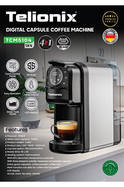 TELIONIX TCM5104 4-in-1 Automatic Nespresso Maker, 20 Bar