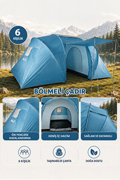 Walke 6 Kişilik Çift Bölmeli Aile Kamp Çadırı Su Geçirmez Polyester 490 X 280...
