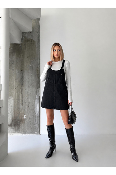 yourshıne denım co. Rochie salopetă din denim negru, cu bretele scurte și un singur buzunar.