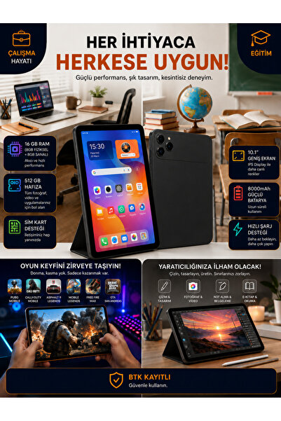 HAZARTECH 17 Pro Max Tablet 16 GB RAM 512 GB Hafıza SIM Kart Destekli Android...