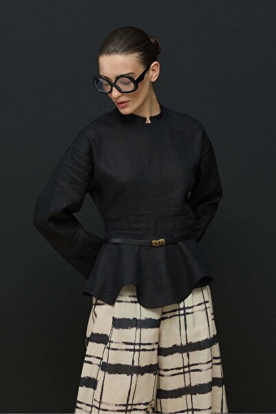 Molene Siyah Hakim Yaka Peplum Keten Bluz