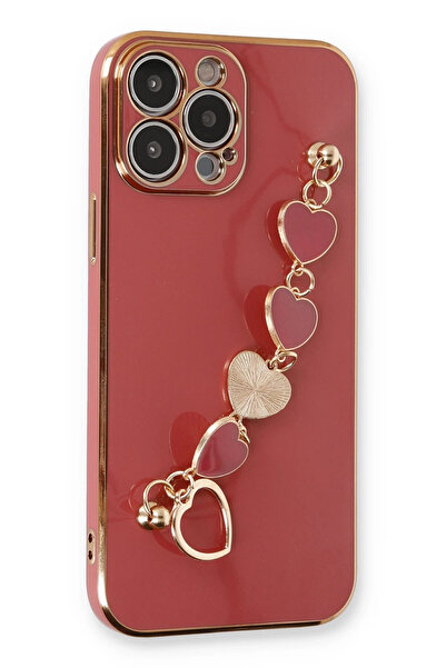 Apple iPhone 14 Pro Max Elegant Charm Case (Kalpli Zincirli Kılıf) Elegant Silicone Cover - Kırmızı