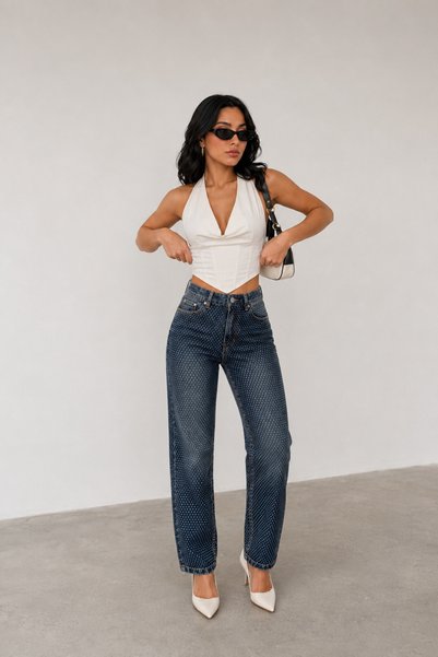 SHEVEGA Kadın Yeşil Tint Yıkama Taş Detaylı Boyfriend Mom Jeans Kot Pantolon