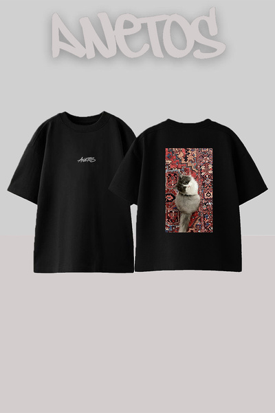 Anetos Μπλουζάκι Fluffy Cat Design με στάμπα στην πλάτη, βαμβακερό μαύρο over...