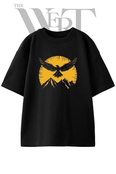 THEWERT Dizajn Eagle Mountains, tiskana unisex crna majica prevelikog kroja