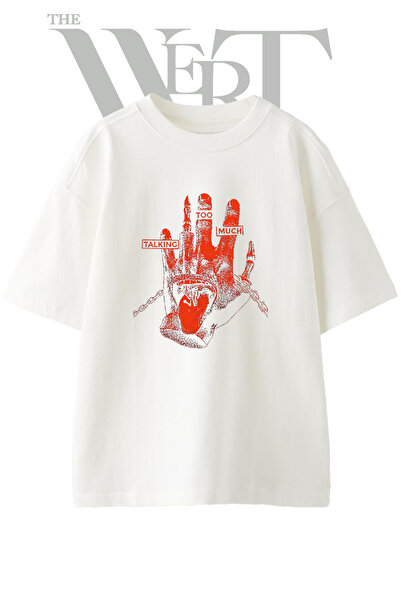THEWERT Cok Konusan El Tasarım Printed Unisex White Oversize T-Shirt