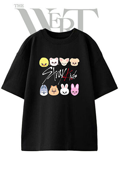 THEWERT Μπλουζάκι Stray Kids με στάμπα σχεδίου, Unisex, μαύρο, oversized