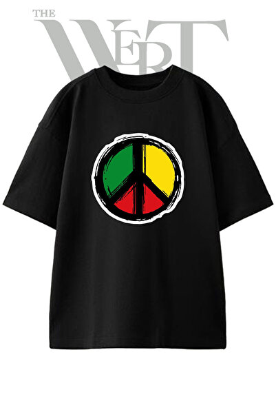 THEWERT Μπλουζάκι Unisex με στάμπα με σχέδιο Rasta Peace Sign, μαύρο, oversized