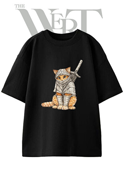 THEWERT Knight Cat_1 Design Printed Unisex Black Oversize T-Shirt