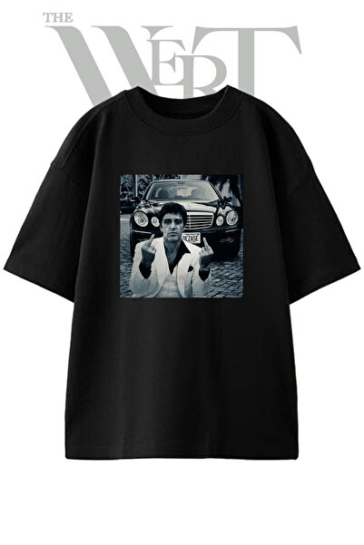 THEWERT Tricou negru oversize unisex cu imprimeu Tony Montana Design