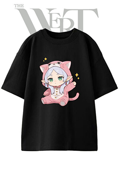 THEWERT Frieren Cat Design Printed Unisex Black Oversize T-Shirt