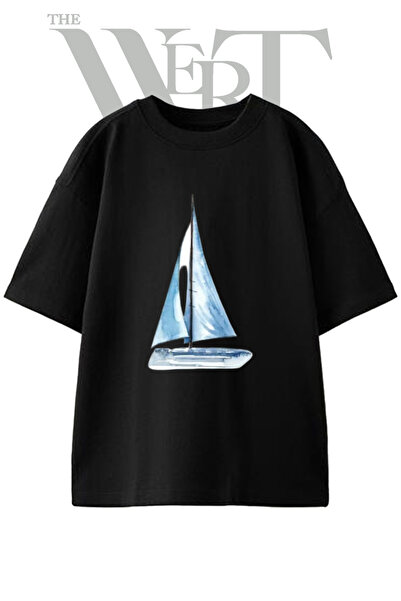 THEWERT Tricou oversize negru unisex cu imprimeu cu design cu barca cu pânze ...