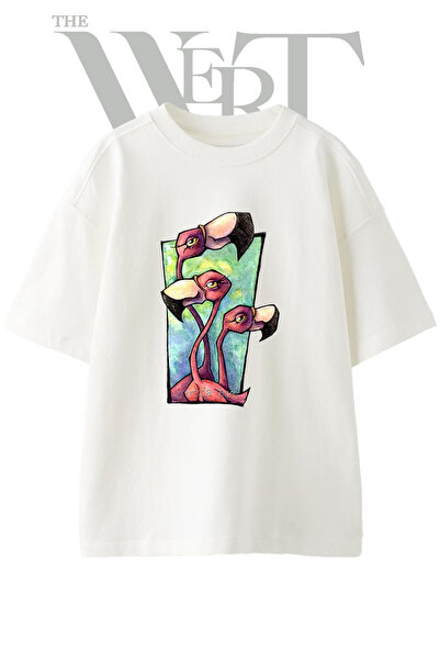 THEWERT Stylized Flamingo Design Printed Unisex White Oversize T-Shirt