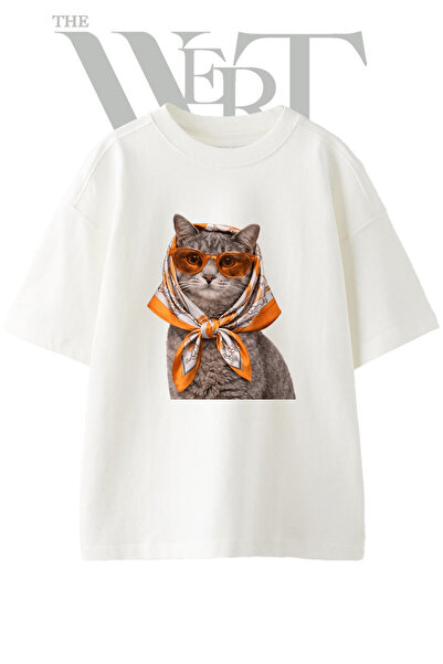 THEWERT Babushka Kedi_1 Design Printed Unisex White Oversize T-Shirt