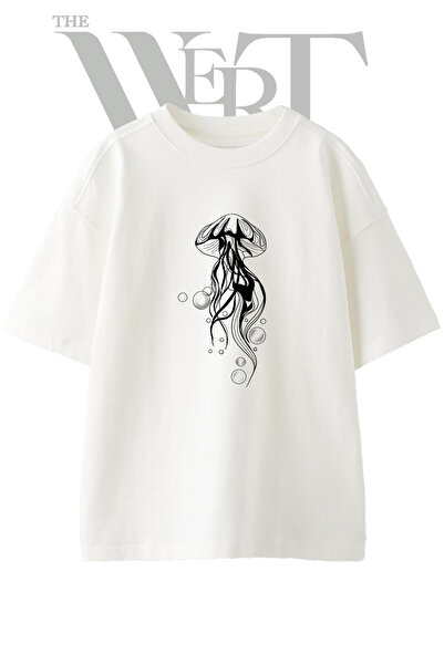 THEWERT Stylized Jellyfish Design Printed Unisex White Oversize T-Shirt