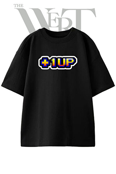 THEWERT تي شيرت أسود كبير الحجم مطبوع بتصميم 1UP للجنسين