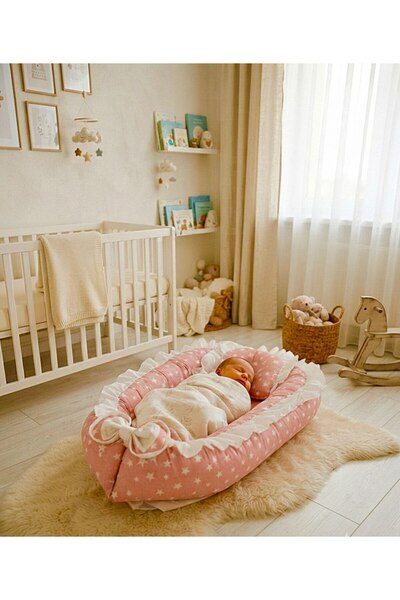 Babynest Ortopedik Fırfırlı Pembe beyaz yıldızlı Yatak Ve Ortopedik Yastık