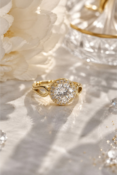 Sylvera Shop Halo Solitaire Zircon Stone Luxury Ring - Adjustable (Gold Color)