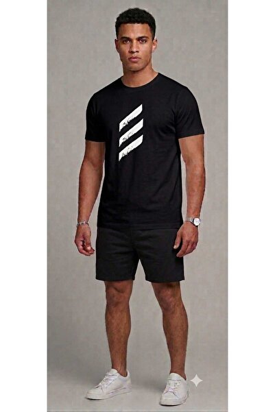 YK WEAR Men's Three Line Printed T-Shirt Shorts Set