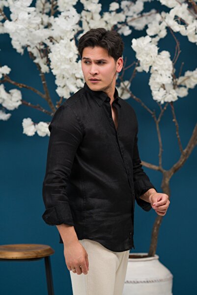Paul Martin Regular Fit Hidden Button Collar 100% Linen Raw Linen Shirt