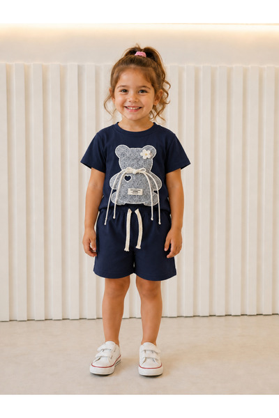 ues Girl's Teddy Bear Patterned Navy Blue Shorts Set