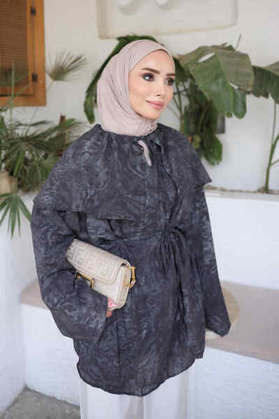 İmajButik Anthracite Collared Cape Patterned Tunic