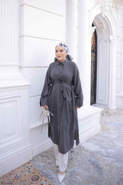 İmajButik Anthracite Waist Belted Oversize Tunic with Pockets