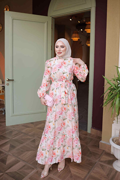 İmajButik Pink Skirt Layered Patterned Viscose Dress