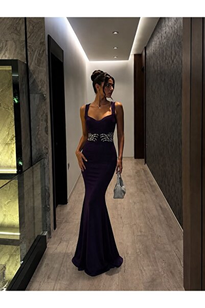 Modafeminen Stone Detailed Flowers Fabric Dress Purple 583192