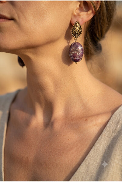 ZGNOVA Handmade Purple Jasper Natural Stone Earrings with Brass Apparatus