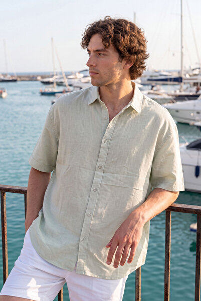 MENOFOURSWEAR Men's Premium Short Sleeve 100% Cotton Regular-Fit Flam Linen S...