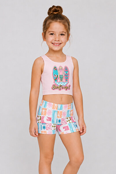 caddekids Kız Çocuk Şortlu Bikini Takımı Surf Desenli Yazlık Deniz Plaj Yüzüc...