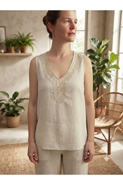 AYASOFYA OTANTIK Women's Italian Collar Sequined Zero Sleeve Linen Blouse
