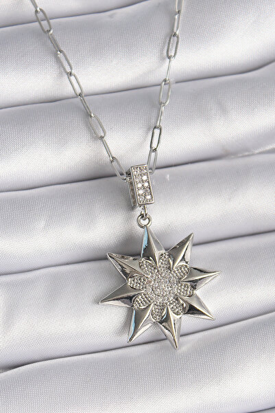 Mega Bazaar 316l steel silver color zircon stone pole star model women necklace