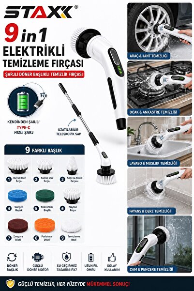 STAXX POWER 9in1 Şarjlı Temizlik Fırçası | Kablosuz Şarjlı Döner Fırça | Araç...