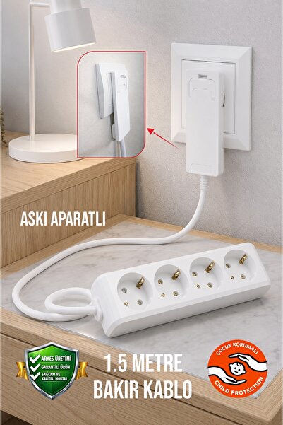 Aryes 4'lü 1,5 Metre Topraklı Grup Priz İnce Fişli 3x1.5 TTR Tam Bakır Çocuk ...