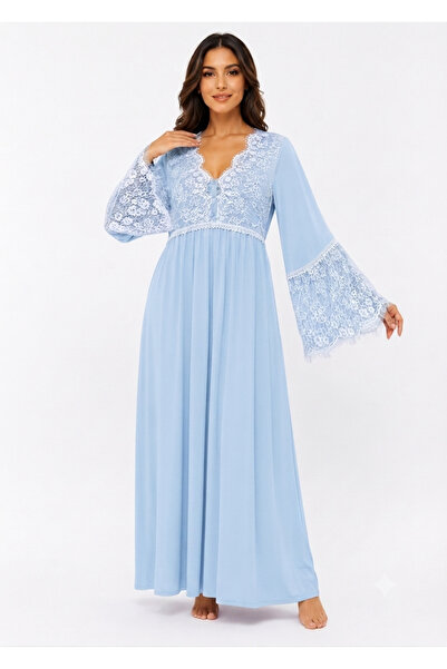 Noom Nightwear Long Nightgown with Lace on the Chest Long Sleeve Cotton
