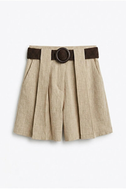 Myra Belt Detailed Linen Shorts-Beige