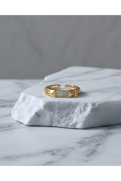 ILSA Pyramid Detailed Stone-Encrusted Gold Color Plated Steel Ring