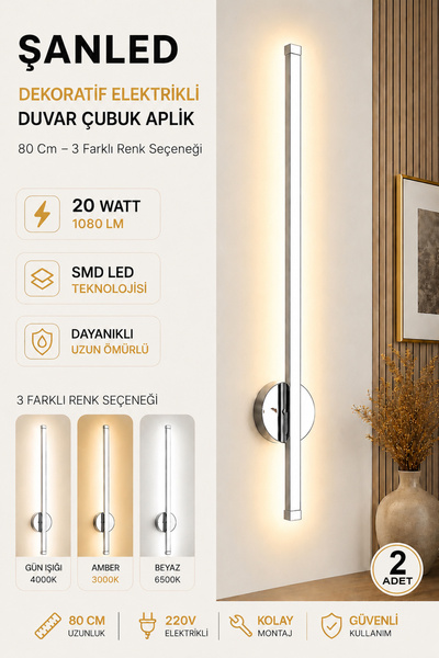 ŞANLED Decorative 20W Indoor Chrome Case 3 Color Light Electric 80 cm Wall Sc...