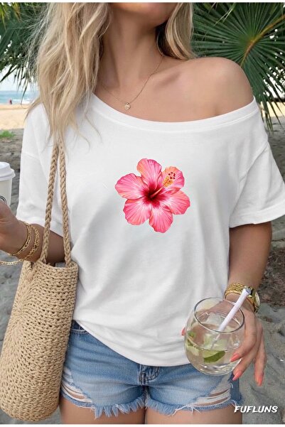 FUFLUNS Pink Flower Printed Oversized Women's Boat Neck T-Shirt