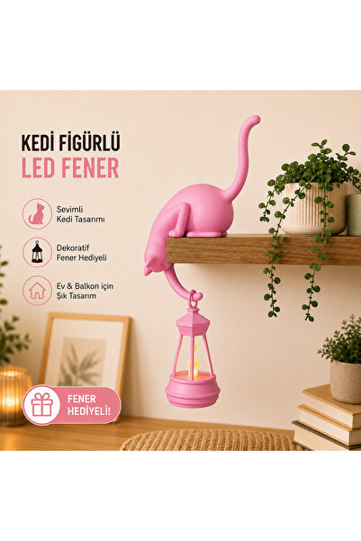 Razmo Dekoratif Kedi Figürlü Led Fenerli Raf Süsü