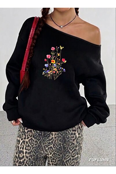 FUFLUNS Colorful Flower Printed Oversize Women's Boat Neck Sweatshirt