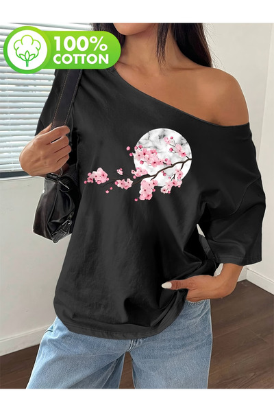 OVER HEAD Tricou de damă cu imprimeu cu flori de cireș, cu gât barcă și umeri...