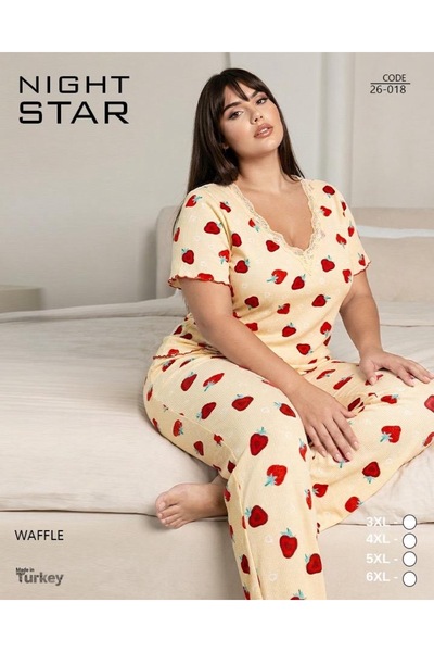 Night Star İkon Dantelli Çilek Desenli Waffle Büyük Beden Pijama Takımı