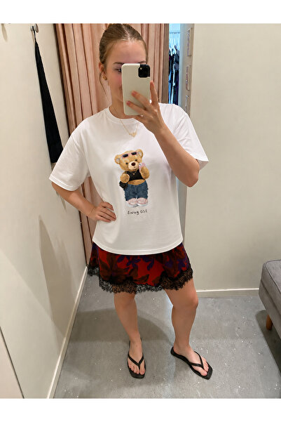 Genel Markalar Swag Girl Ayıcık Baskılı Kadın Beyaz Tişört
