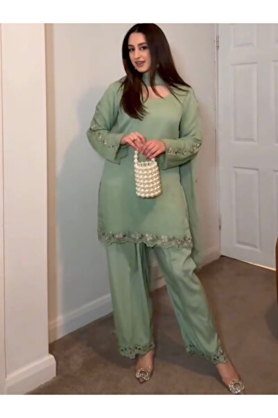 MYSMAR Pista Green Faux Georgette Kameez Salwar & Dupatta Set - HRT5188 | Pis...