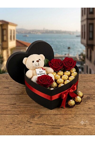 Genel Markalar Siyah Kalp Kutuda Kırmızı Gül, Ferrero Rocher & Peluş Ayıcık H...