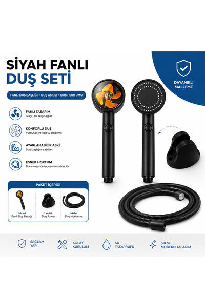 Turbo Pervaneli 5 Fonksiyonlu Duş Başlığı, 150cm Duş Hortumu Ve Mafsal Set
