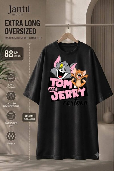 JANTIL MODA Crew Neck Tom and Jerry Printed Extra Long Oversize Tunic T-Shirt...